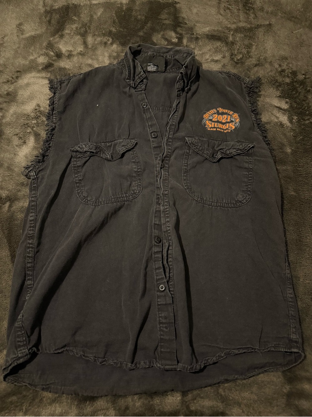 Sturgis 81th Anniversary denim vest features a graphic for the 2021 SturgisRally